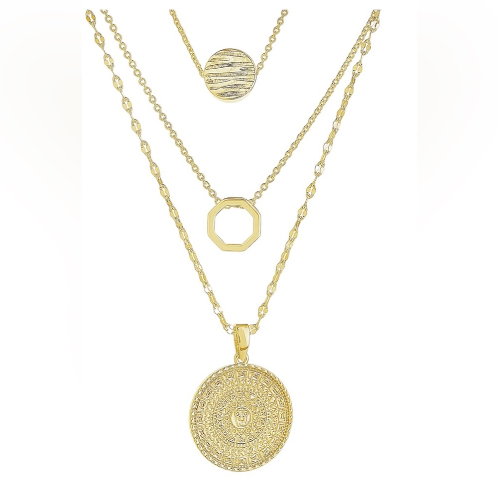 STERLING FOREVER 14K GOLD PLATED TEXTURED DISC LAYERED CHAIN NECKLACE - NWT - Picture 4 of 5